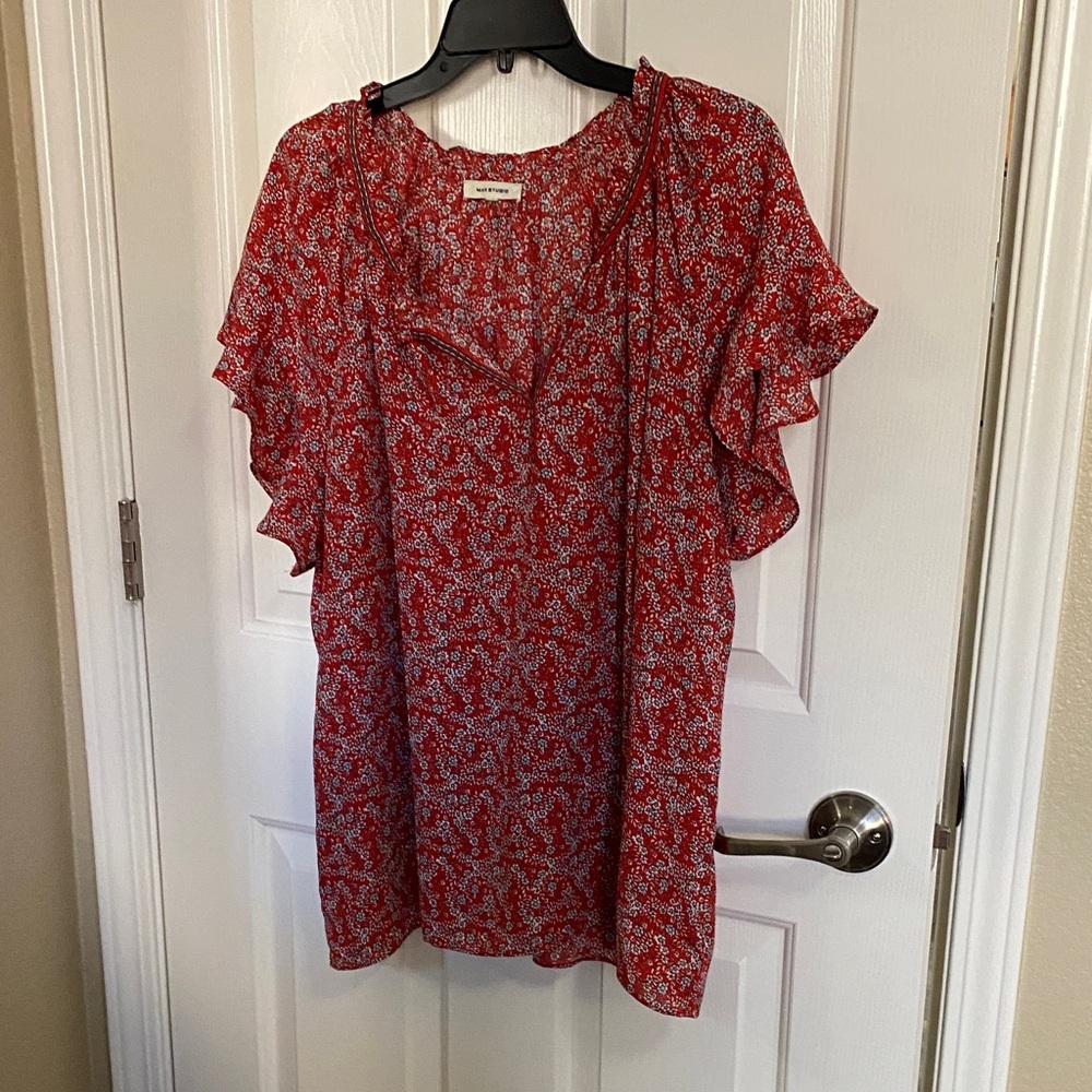 Max Studio Red Floral Ruffle-Sleeve Blouse
